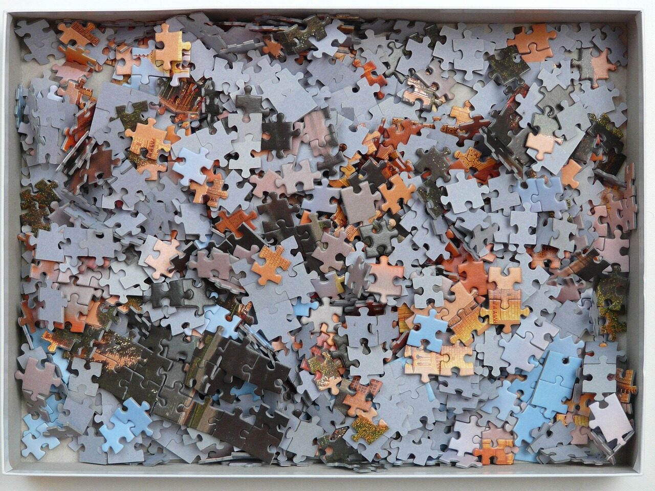 puzzle, unfinished, carton, box, mixed up, unsolved, chaos, puzzle pieces, puzzle, unfinished, mixed up, chaos, chaos, chaos, chaos, chaos
