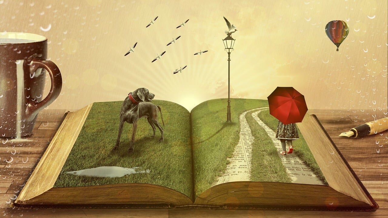 book, dog, fairy tales, child, kid, pet, umbrella, street lamp, trail, path, book pages, literature, pages, animal, story, dream, fantasy